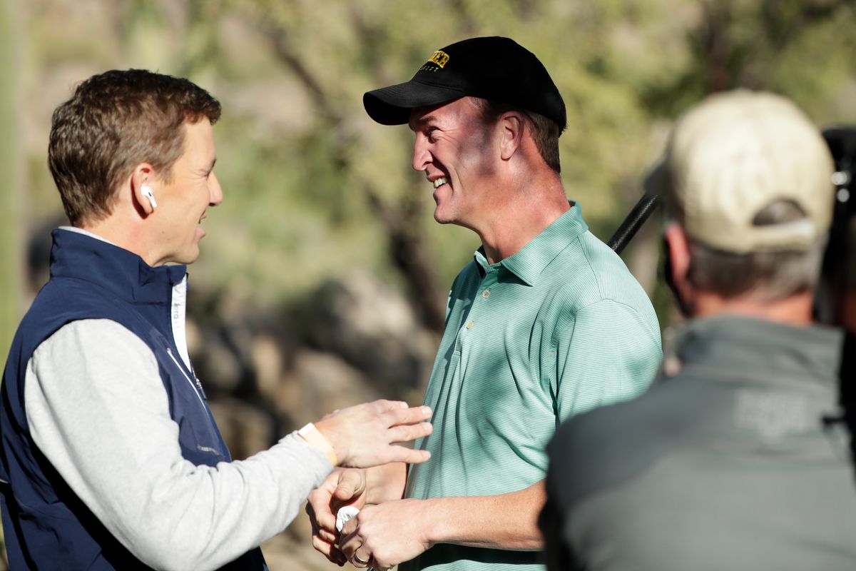 Eli Manning and Peyton Manning talk during Capital One’s The Match: Champions For Change at Stone Canyon Golf Club on November 27, 2020 in Oro Valley, Arizona.