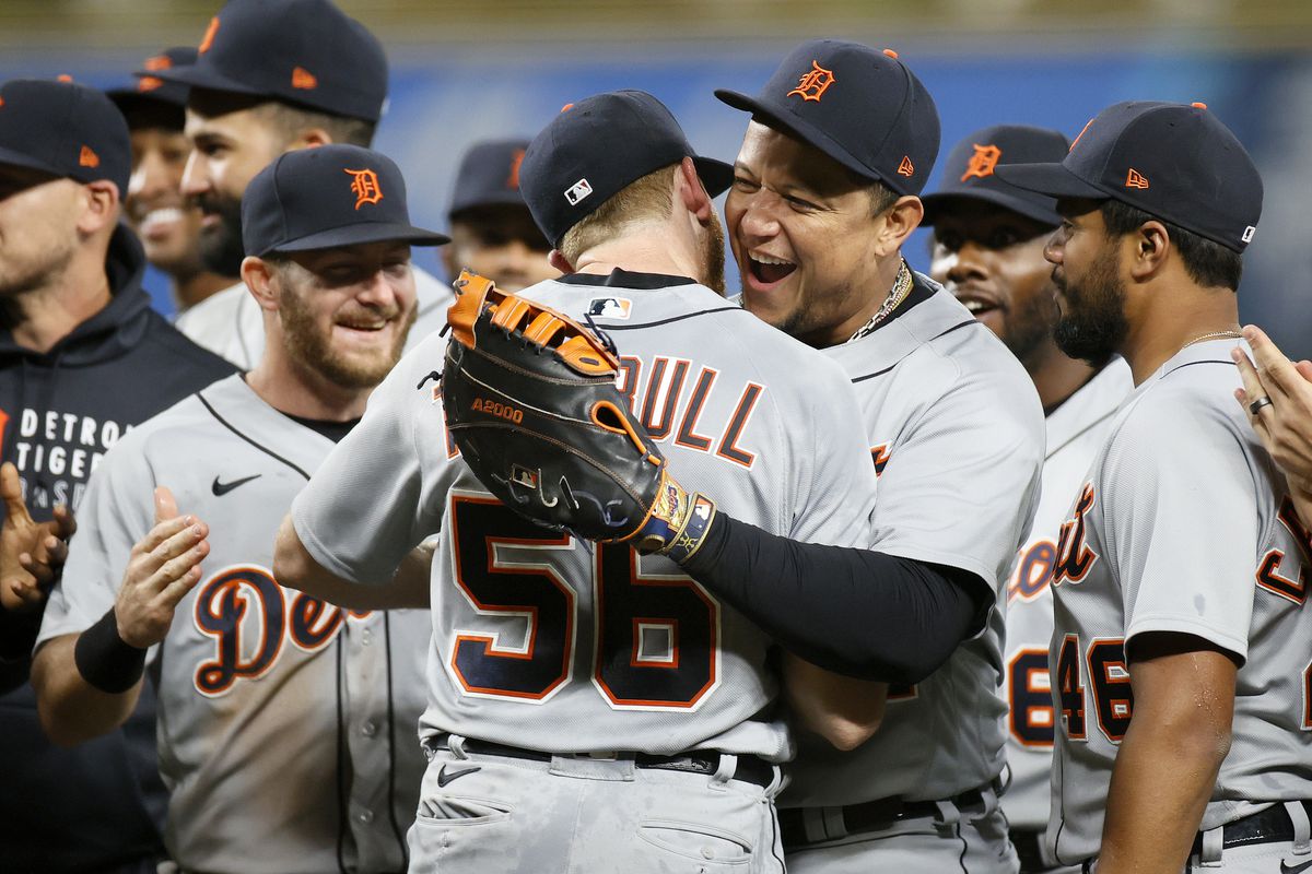 Spencer Turnbull #56 and Miguel Cabrera #24 of the Detroit Tigers celebrate after Turnbull’s no-hitter against the Seattle Mariners at T-Mobile Park on May 18, 2021 in Seattle, Washington. The Detroit Tigers beat the Seattle Mariners 5-0.