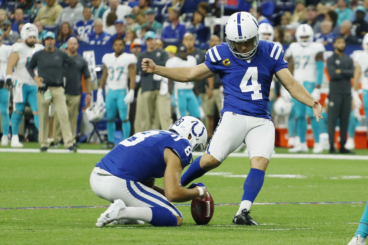 &nbsp;Indianapolis Colts kicker Adam Vinatieri kicks a field goal against the Miami Dolphins during the third quarter at Lucas Oil Stadium.