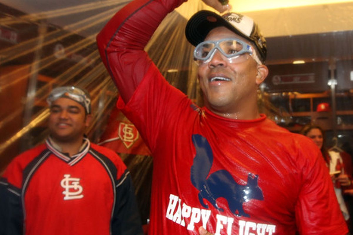 Is that a random D.R. niteclub or the Cardinals' locker room after winning the World Series?