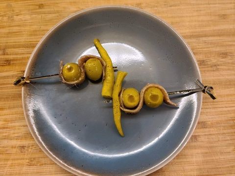 olive and anchovy on stick
