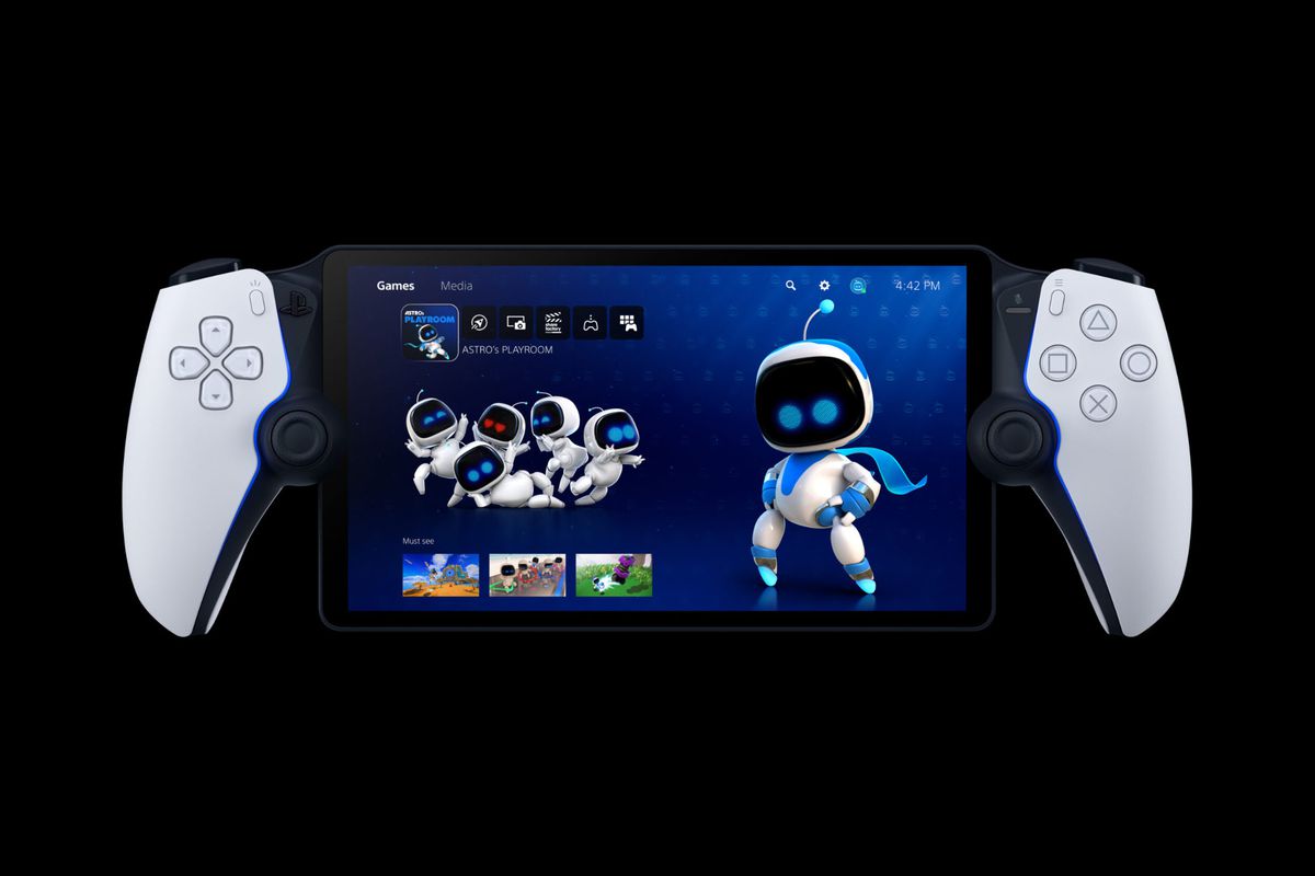 Изображение, показывающее устройство удаленного проигрывателя PlayStation Portal, на котором отображается главное меню PS5.