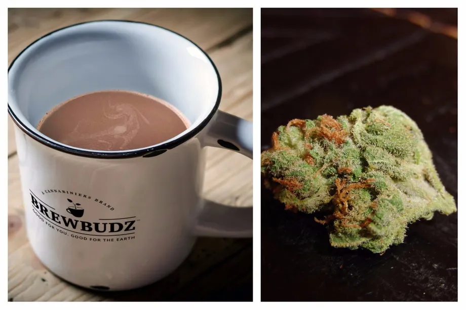 An illustration of a cannabis-infused beverage and a cannabis bud.