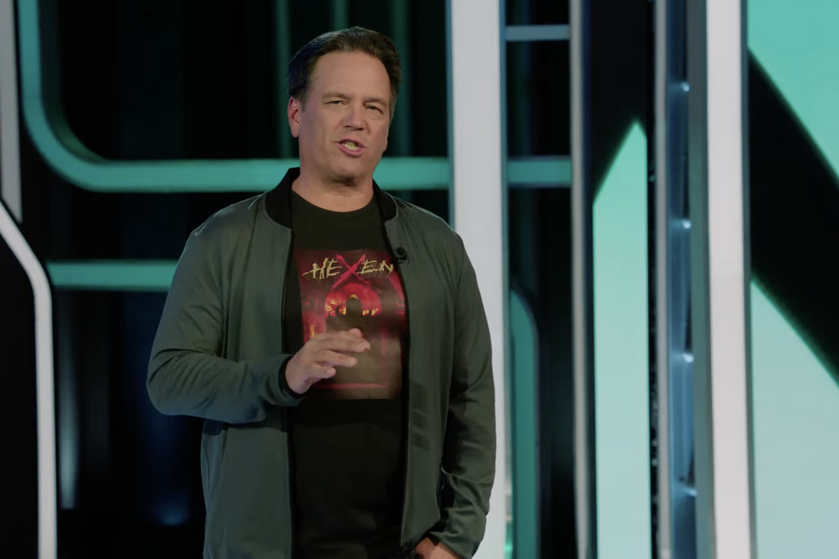 Phil Spencer wears a T-shirt with the Hexen box art during the Xbox Games Showcase 2023.