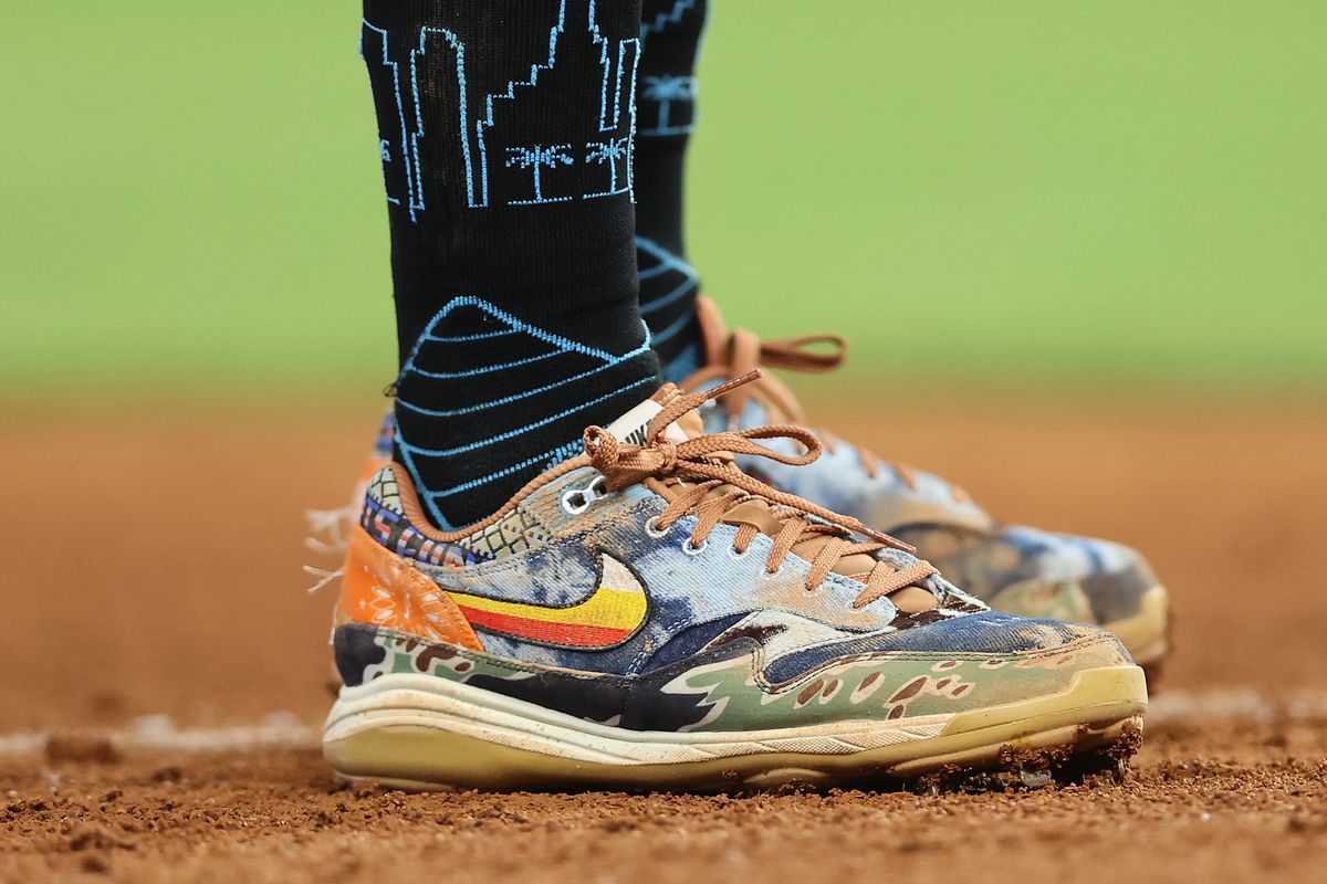 A detail of Jazz Chisholm Jr. #2 of the Miami Marlins shoes against the Arizona Diamondbacks during the eighth inning at loanDepot park
