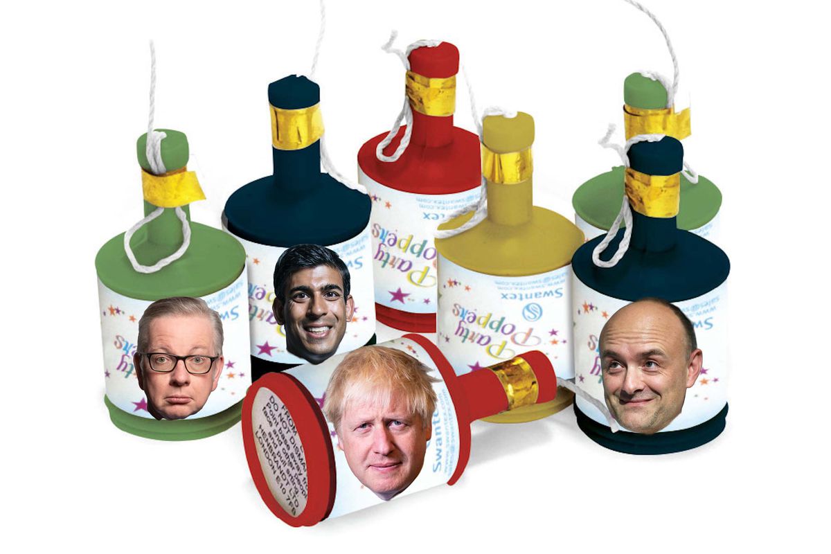Six party poppers, with the heads of (left to right) Michael Gove, Rishi Sunak, Boris Johnson, and Dominic Cummings super-imposed on to the labels.