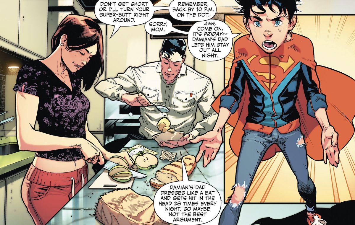 “Come on!” protests Jon Kent/Superboy, “It’s Friday — Damian’s dad lets him stay out all night.” “Damian’s dad,” says Superman, referring to Batman, “dresses like a bat and gets hit in the head 28 times every night. So maybe not the best argument,” in Super Sons #6 (2017).