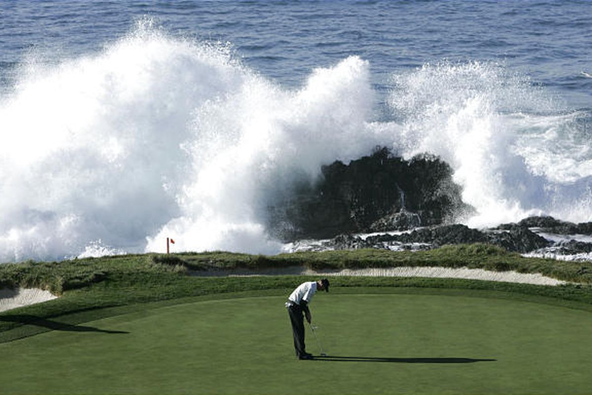 Jim Furyk putts on the seventh hole during final round of the AT&T Pebble Beach Pro-Am.