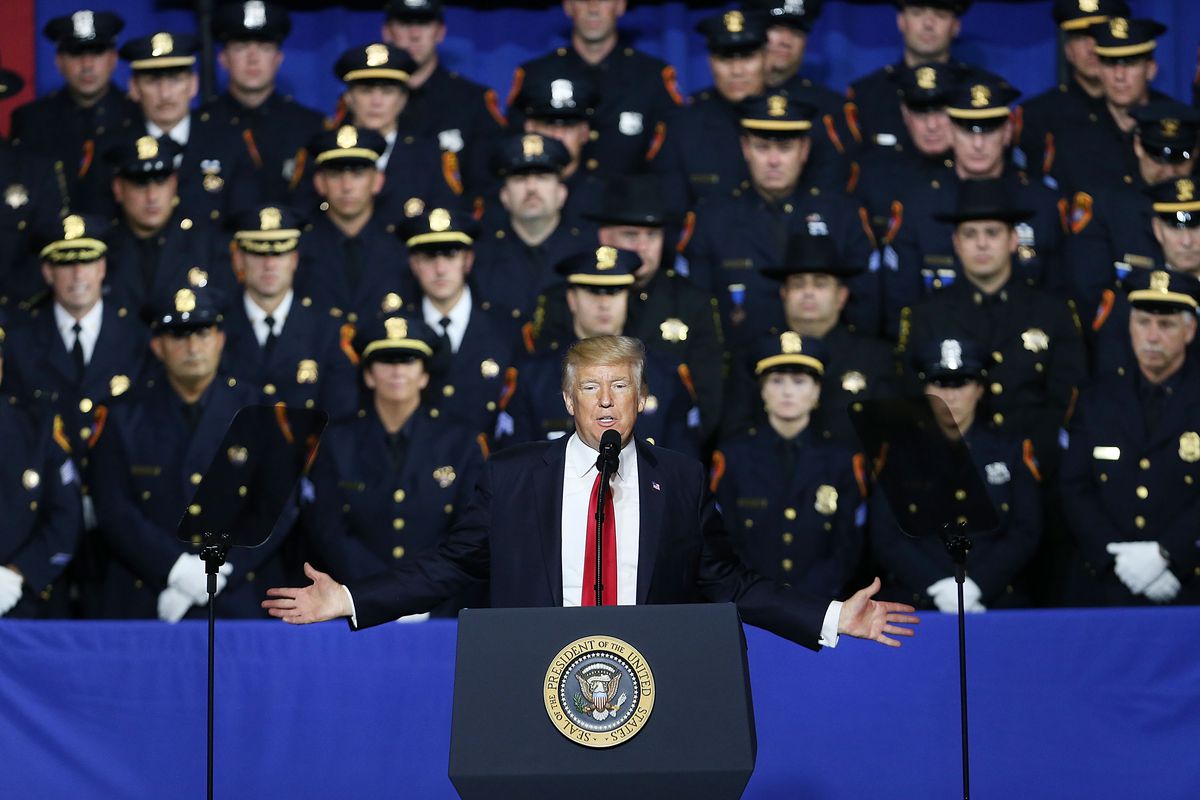President Donald Trump addresses police officers in New York.