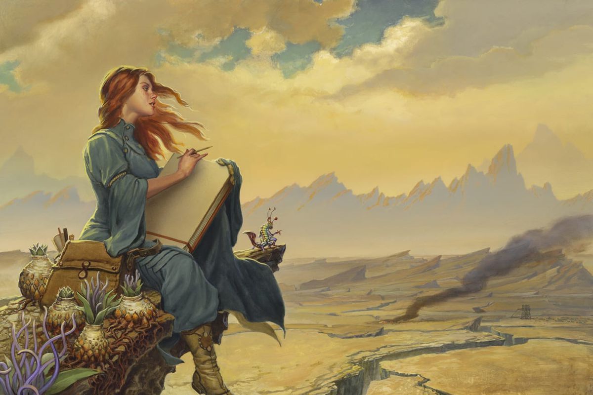 Shallan from the Stormlight Archives sits on a cliff with a book in her hand