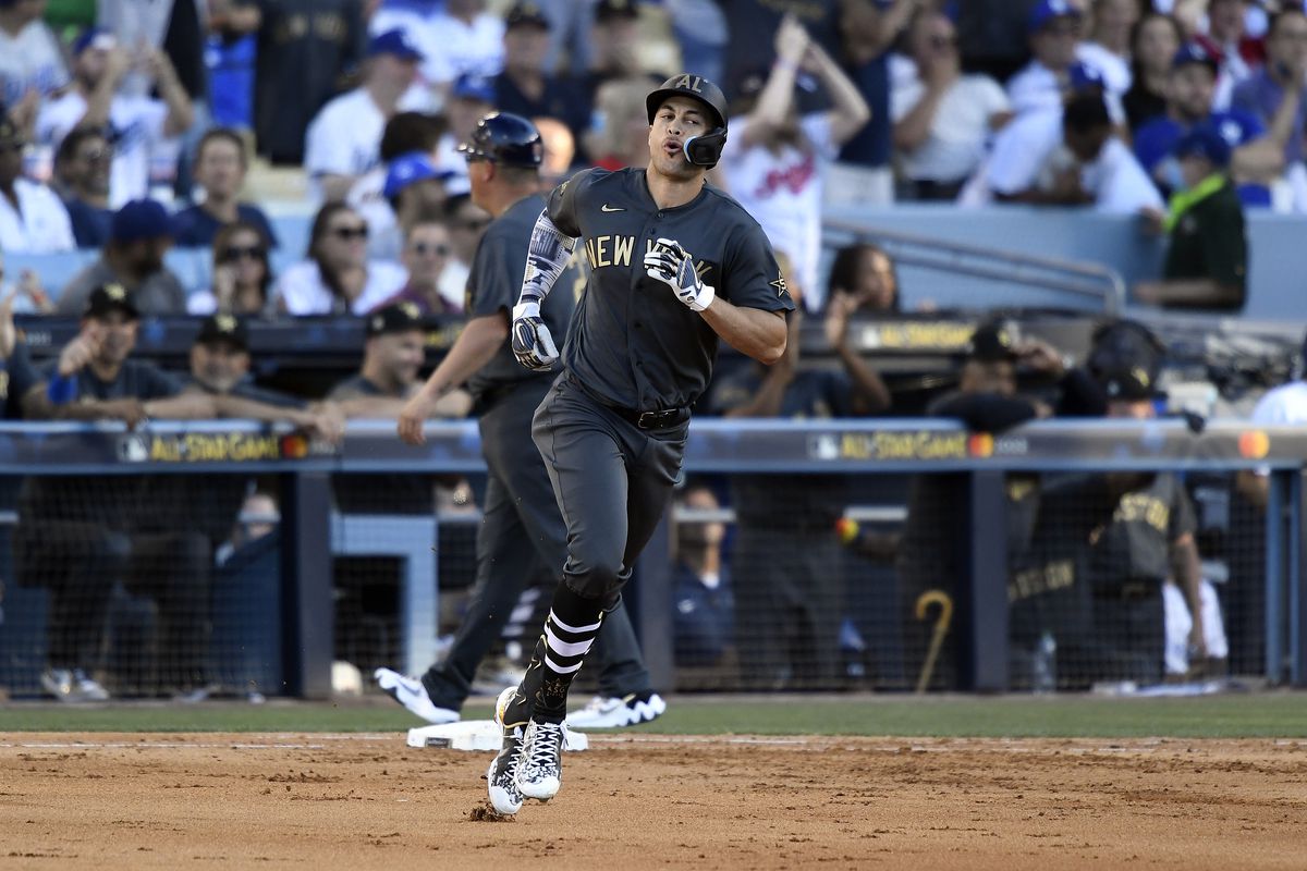 Giancarlo Stanton #27 of the New York Yankees rounds the bases after hitting a two RBI home run against the National League in the fourth inning during the 92nd MLB All-Star Game presented by Mastercard at Dodger Stadium on July 19, 2022 in Los Angeles, California.