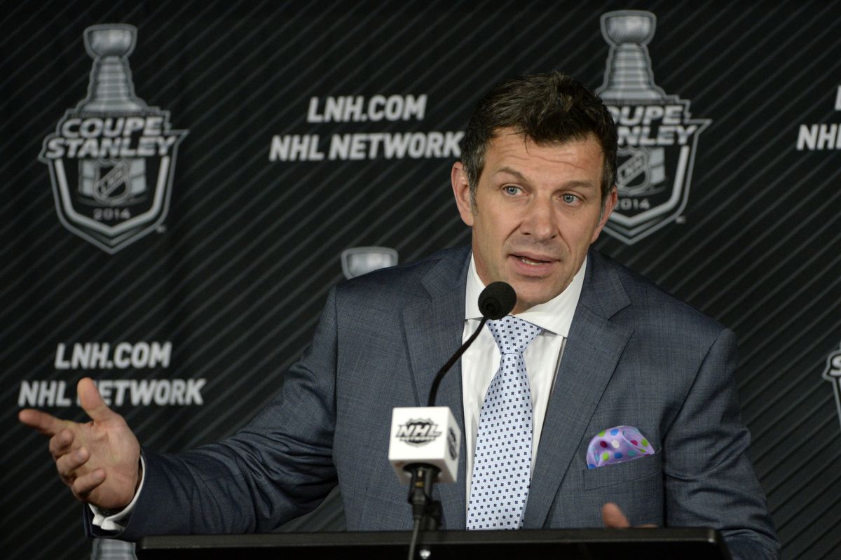 May 17, 2014: Montreal Canadiens general manager Marc Bergevin gives a press conference before game one of the Eastern Conference Finals of the 2014 Stanley Cup Playoffs against the New York Rangers at the Bell Centre.
