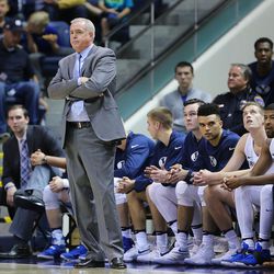 Brigham Young Cougars head coach Dave Rose watches as BYU and BYU-Hawaii play in preseason action at the Marriott Center in Provo on Wednesday, Nov. 9, 2016.