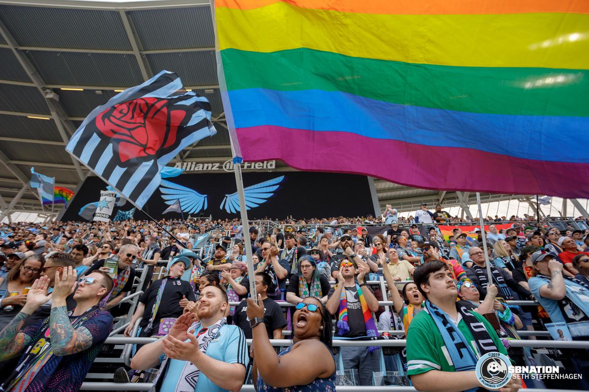 June 2, 2019 - Saint Paul, Minnesota, United States - Fans  cheer on the team as the step onto the field for warm ups prior to the Minnesota United vs Philadelphia Union match at Allianz Field. 