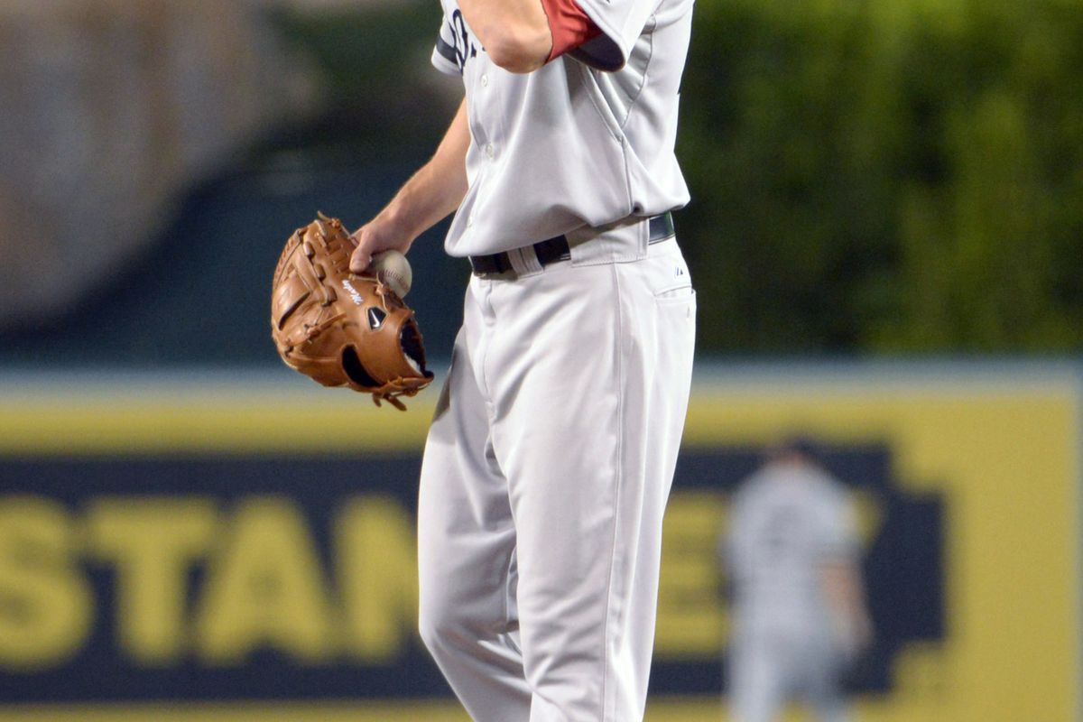 Aug 29, 2012; Anaheim, CA, USA; Boston Red Sox starting pitcher Zach Stewart reacts during the second inning against the Los Angeles Angels at Angel Stadium. Mandatory Credit: Kirby Lee/Image of Sport-US PRESSWIRE