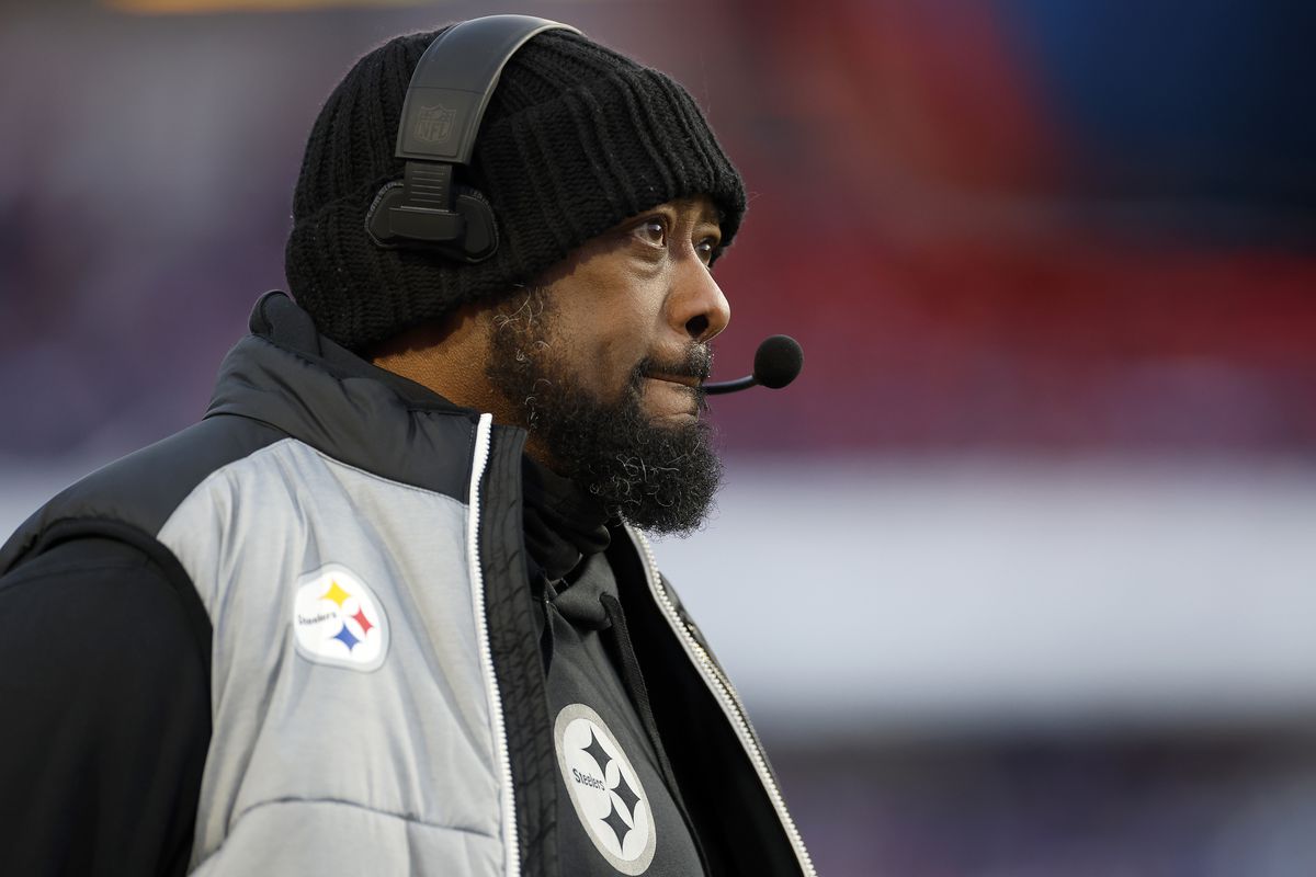 Head coach Mike Tomlin of the Pittsburgh Steelers looks on during the first quarter against the Buffalo Bills at Highmark Stadium on January 15, 2024 in Orchard Park, New York.