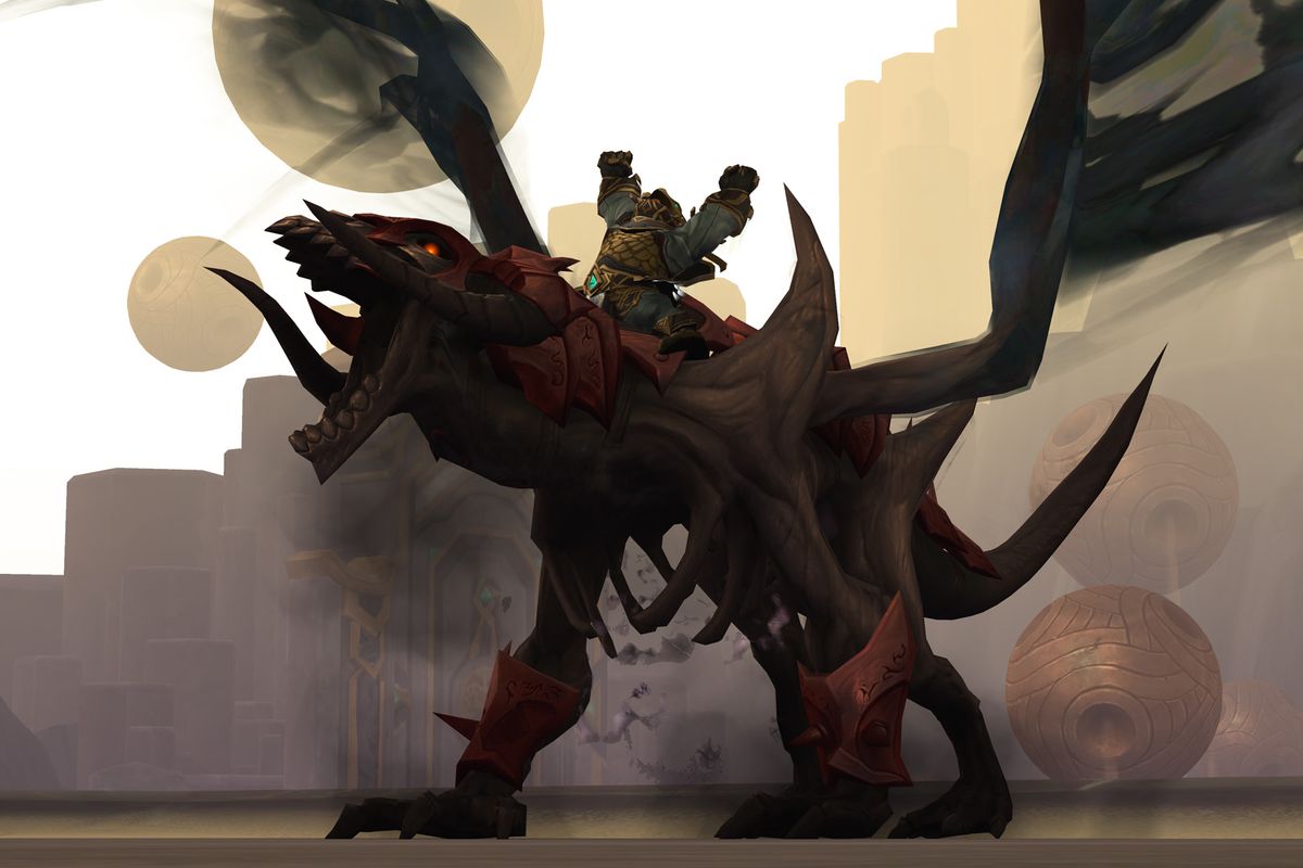 World of Warcraft - a dwarf rides a terrifying protodragon, posing against the surreal spherical landscape of Zereth Mortis