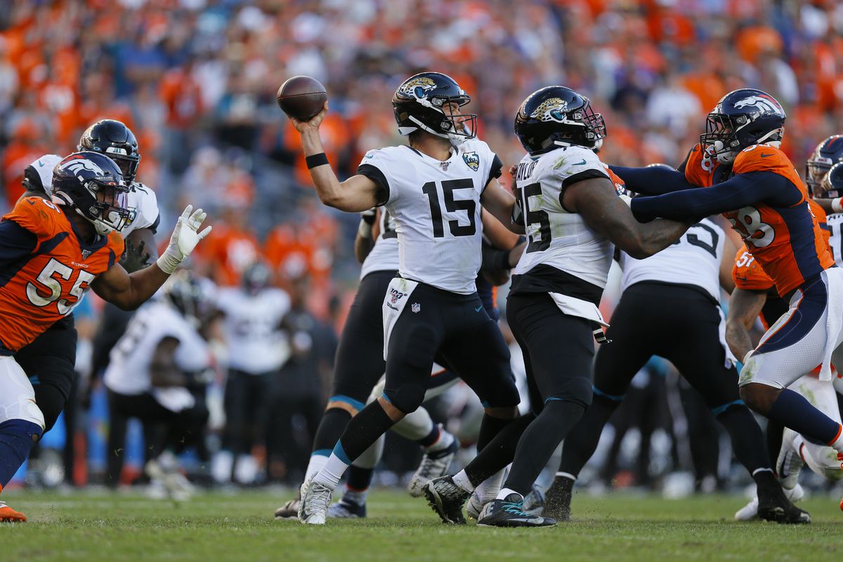 Quarterback Gardner Minshew of the Jacksonville Jaguars throws a pass during the fourth quarter against the Denver Broncos at Empower Field at Mile High on September 29, 2019 in Denver, Colorado.