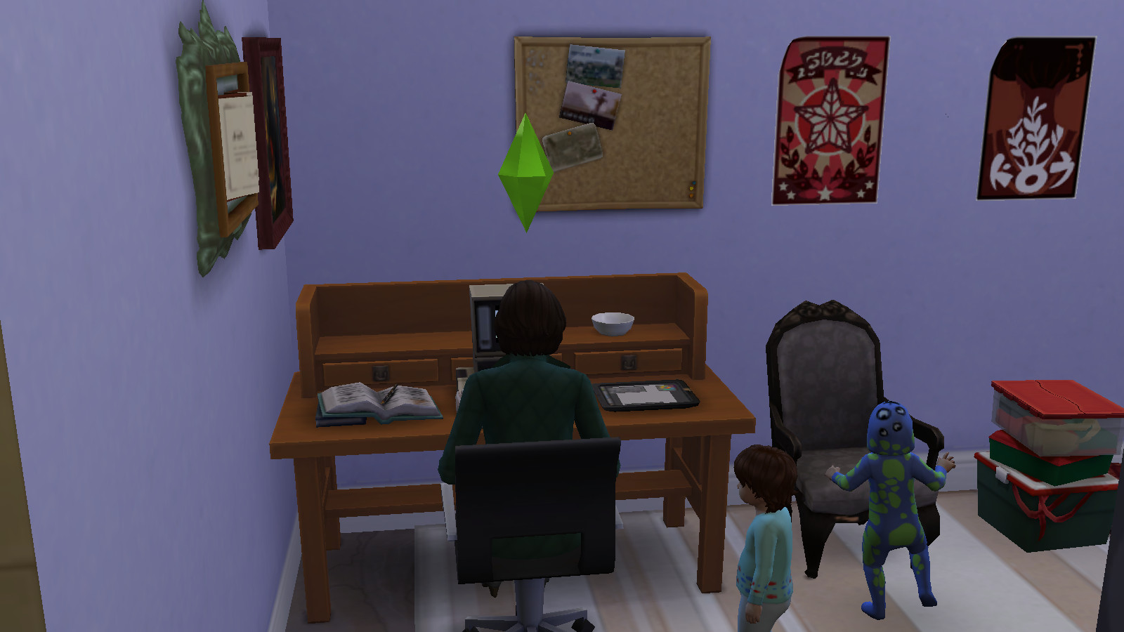 a woman in the sims 4 working at a computer, two toddlers sneak up on her