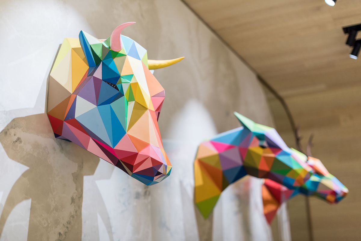 Colorful bullhead-shaped artwork from Somni at the SLS.