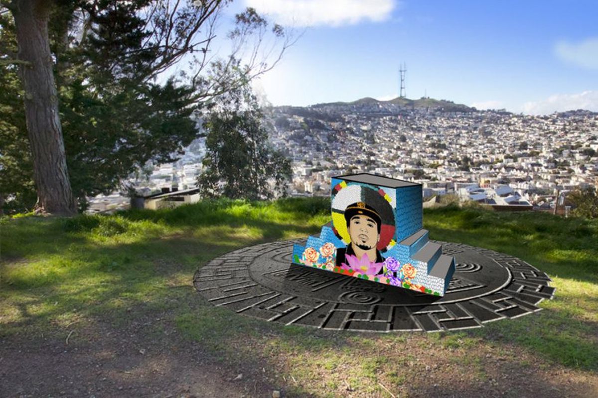 A rendering of a headstone on Bernal Hill with an illustration of Alex Nieto’s face.