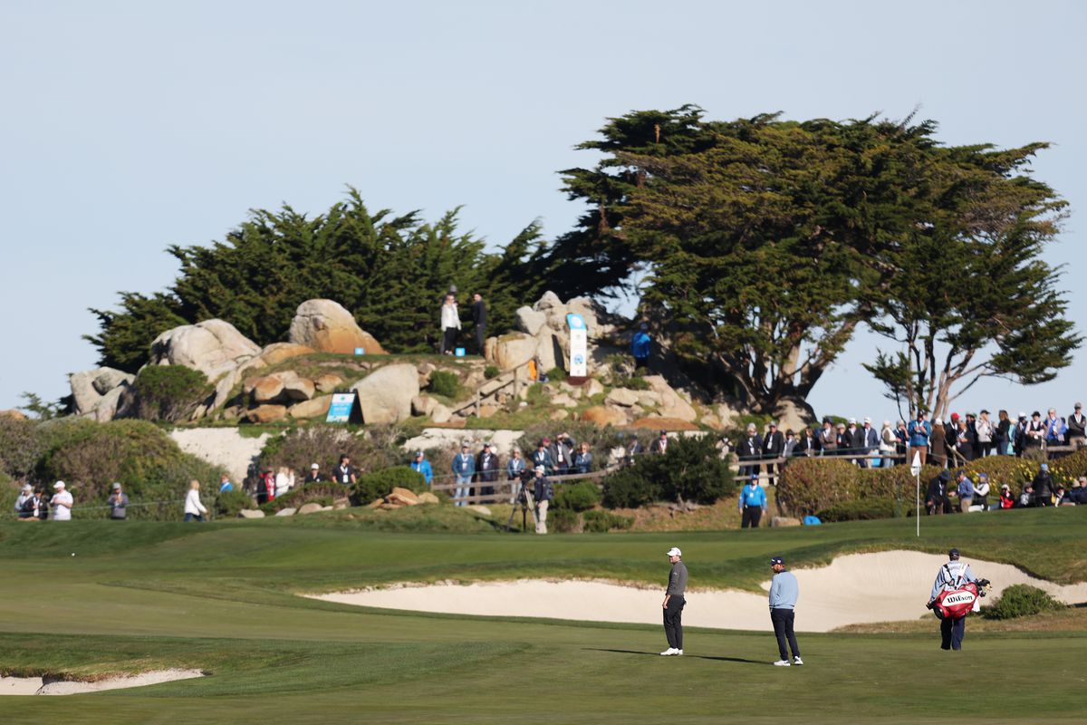 A scenic view of the group of Patrick Cantlay of the United States and Kevin Chappell of the United States on the 11th hole during the first round of the AT&amp;T Pebble Beach Pro-Am at Monterey Peninsula Country Club on February 03, 2022 in Pebble Beach, California.
