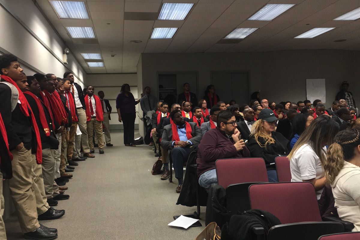 Urban Prep West students and supporters listen to testimony at the Illinois State Charter Commission. in March 2019.