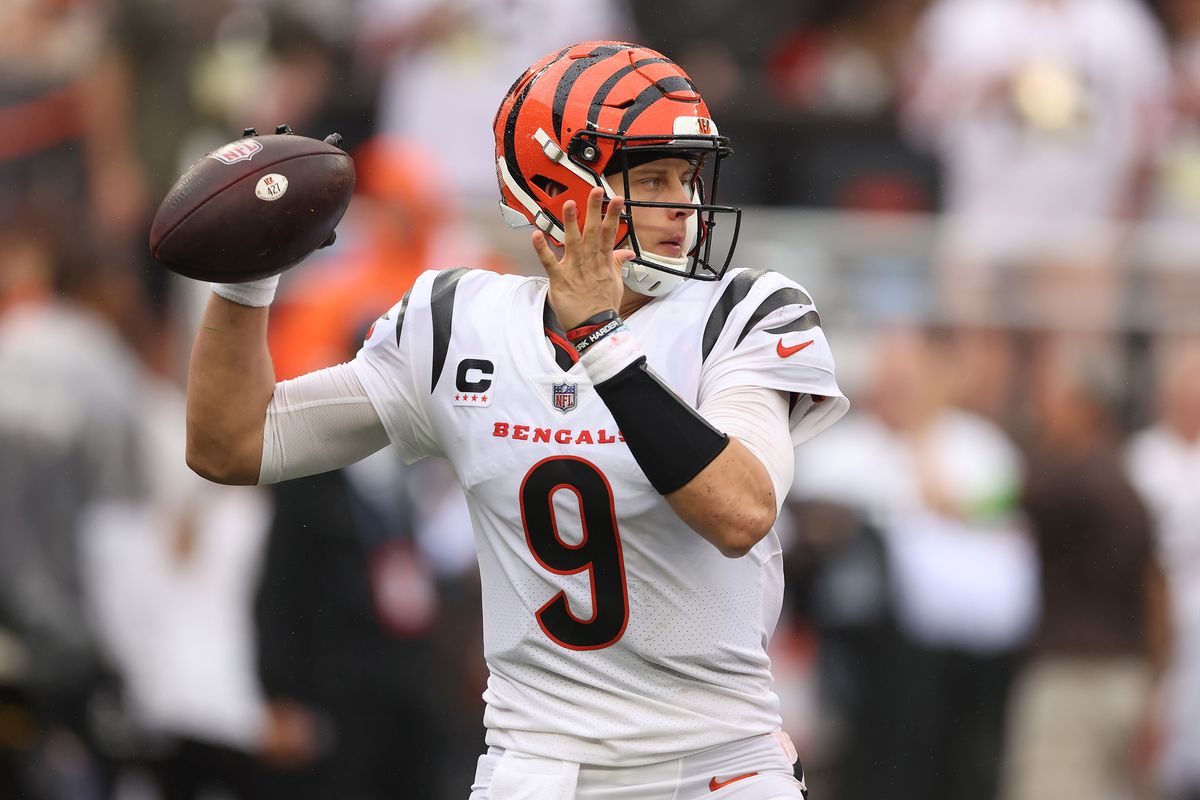 Joe Burrow #9 of the Cincinnati Bengals attempts a pass against the Cleveland Browns during the first half at Cleveland Browns Stadium on September 10, 2023 in Cleveland, Ohio.