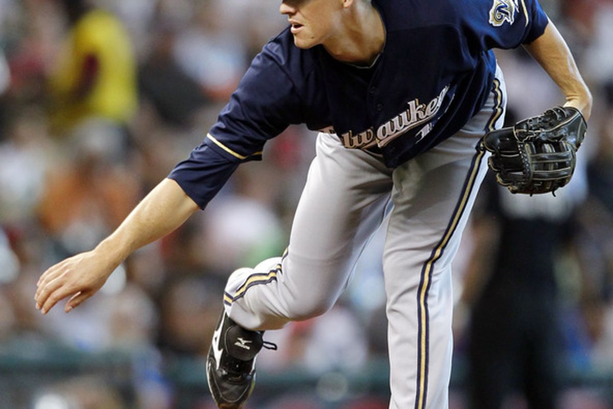 HOUSTON,TX- JULY 07: Zack Greinke #13 of the Milwaukee Brewers throws in the first inning against the Houston Astros on July 7, 2012 at Minute Maid Park in Houston, Texas.(Photo by Bob Levey/Getty Images)