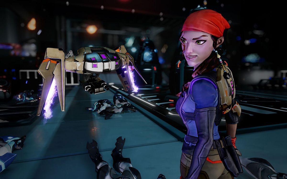 This screenshot from Agents of Mayhem shows player character Fortune smiling and standing next to a robotic drone that she controls. In front of her are the bodies of numerous fallen enemies.