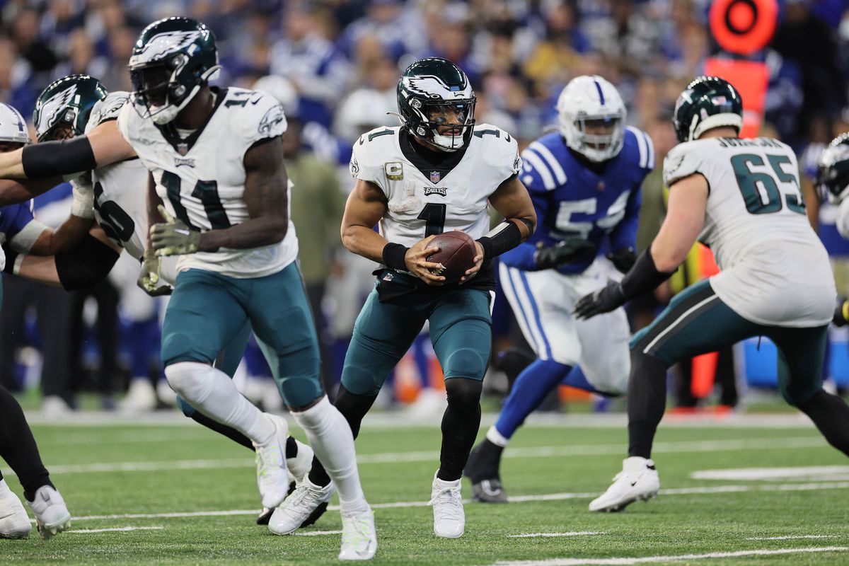 Jalen Hurts #1 of the Philadelphia Eagles runs the ball during the third quarter against the Indianapolis Colts at Lucas Oil Stadium on November 20, 2022 in Indianapolis, Indiana.