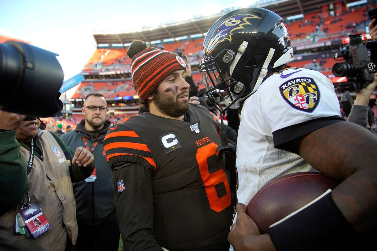 Lamar Jackson #8 of the Baltimore Ravens shakes hands with Baker Mayfield #6 of the Cleveland Browns after the game at FirstEnergy Stadium on December 22, 2019 in Cleveland, Ohio.