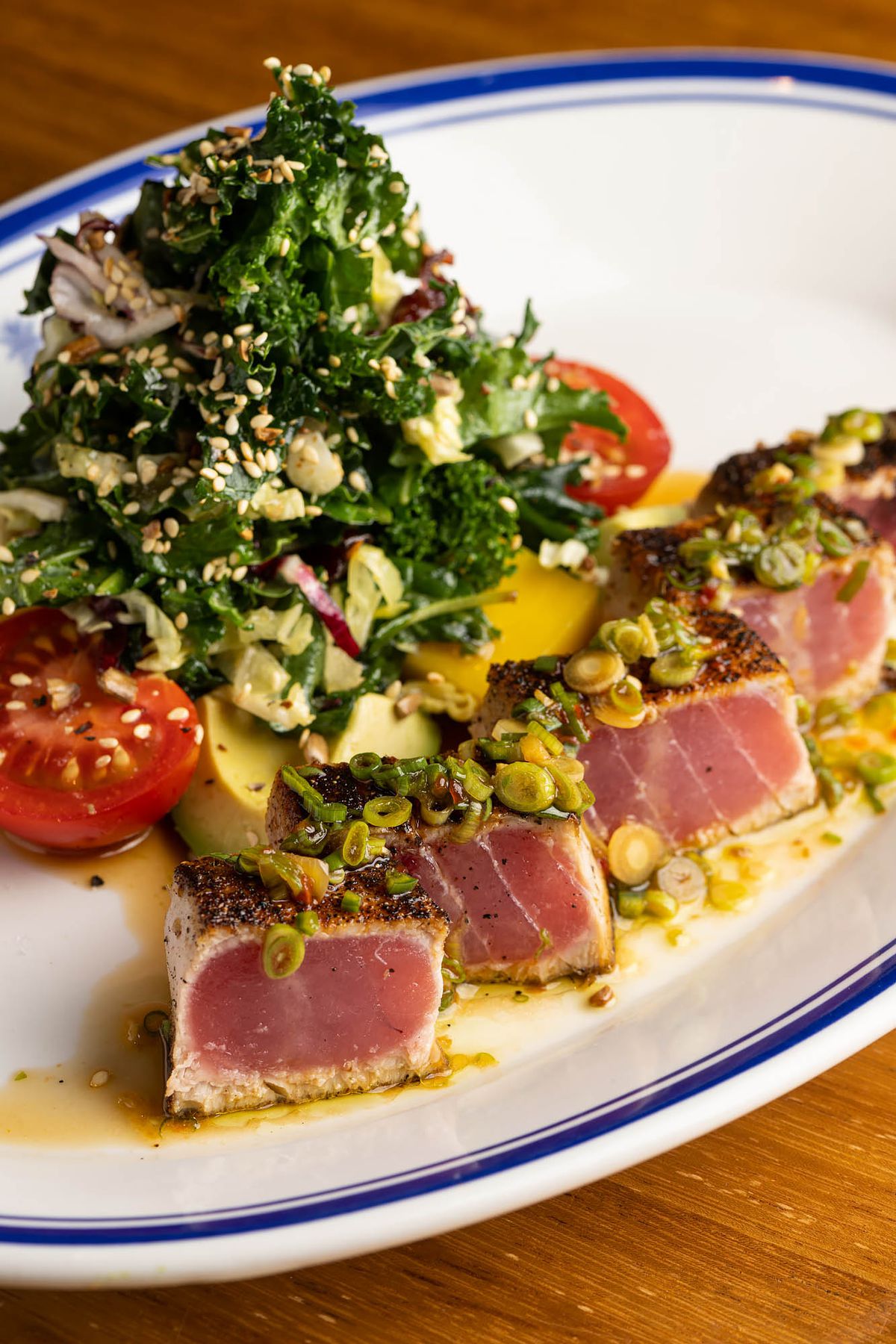 A seared tuna and kale salad with miso at Hudson House restaurant in West Hollywood, California.