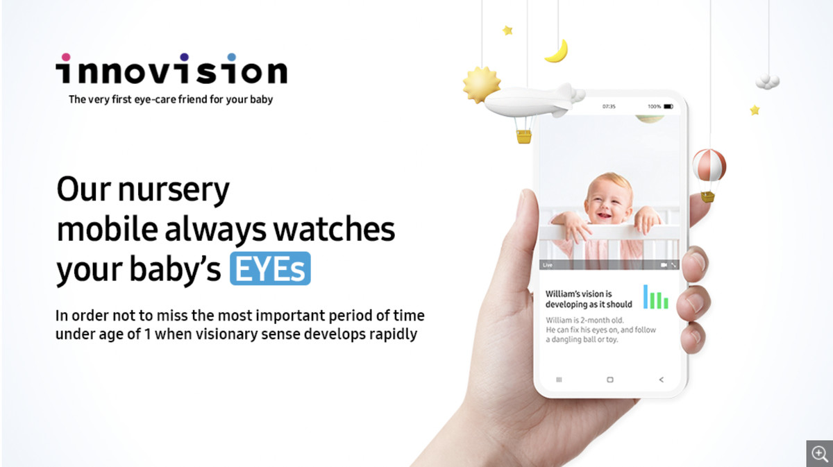 The Innovision app on a cell phone with the words our nursery mobile looks at your baby's eyes