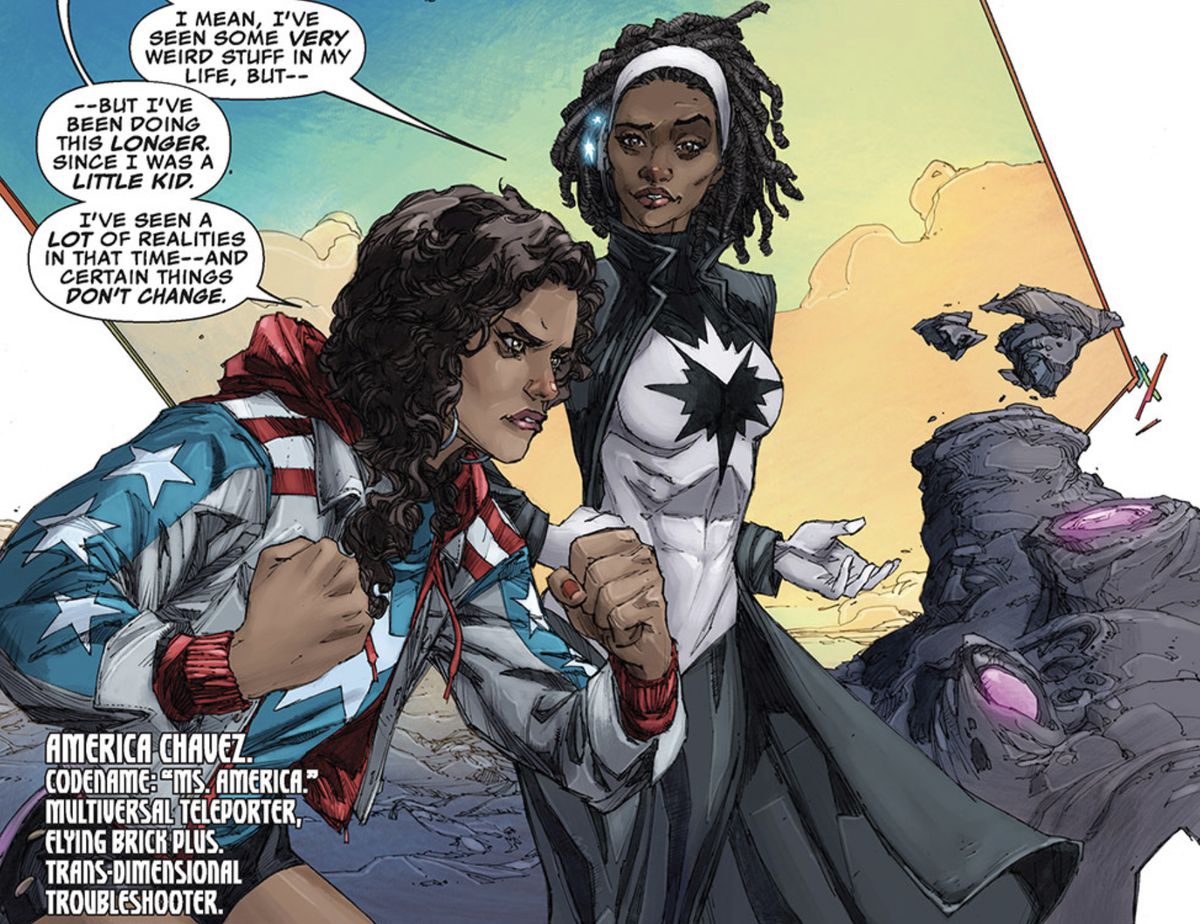 “I’ve been doing this longer. Since I was a little kid,” America Chavez says to Pulsar/Monica Rambeau in Ultimates #1 (2015). “I’ve seen a lot of realities in that time — and certain things don’t change.” 