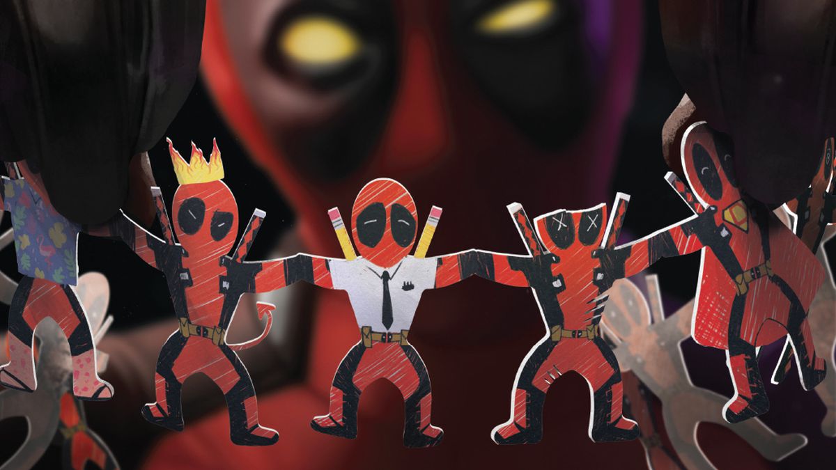 Deadpool holds up a string of paper cutouts of himself in various costumes, on the cover of Deadpool: The End, Marvel Comics (2020).