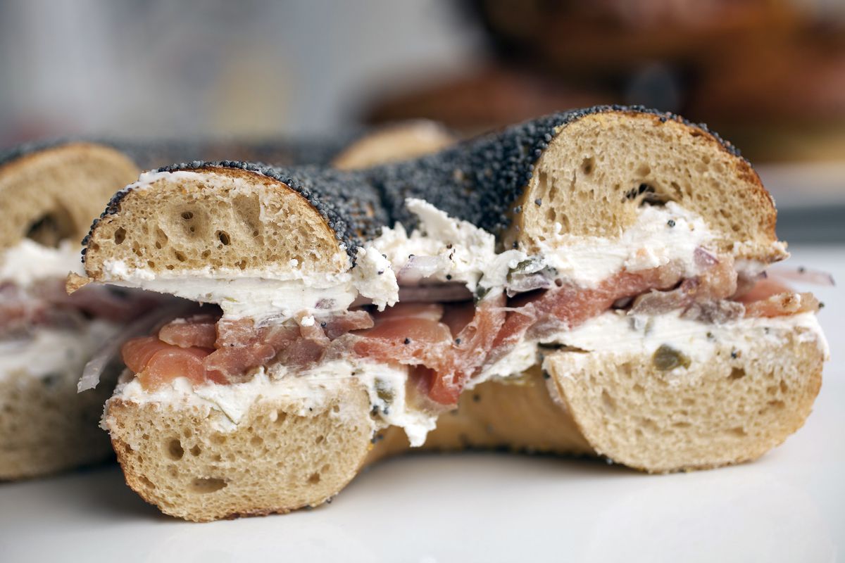 A Bowery poppyseed bagel with lox and schmear