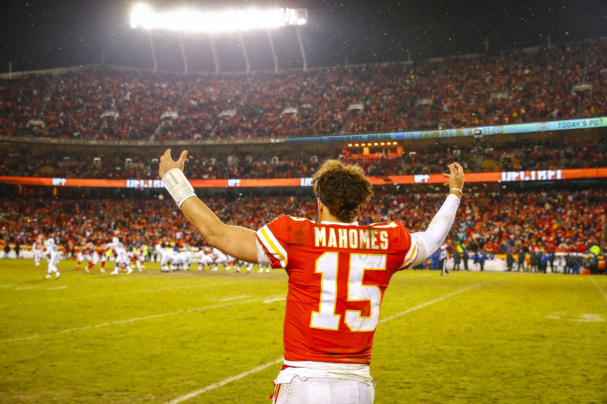 Quarterback Patrick Mahomes of the Kansas City Chiefs reacts to the imminent victory by the Chiefs over the Indianapolis Colts in the AFC Divisional Playoff at Arrowhead Stadium on January 12, 2019 in Kansas City, Missouri.