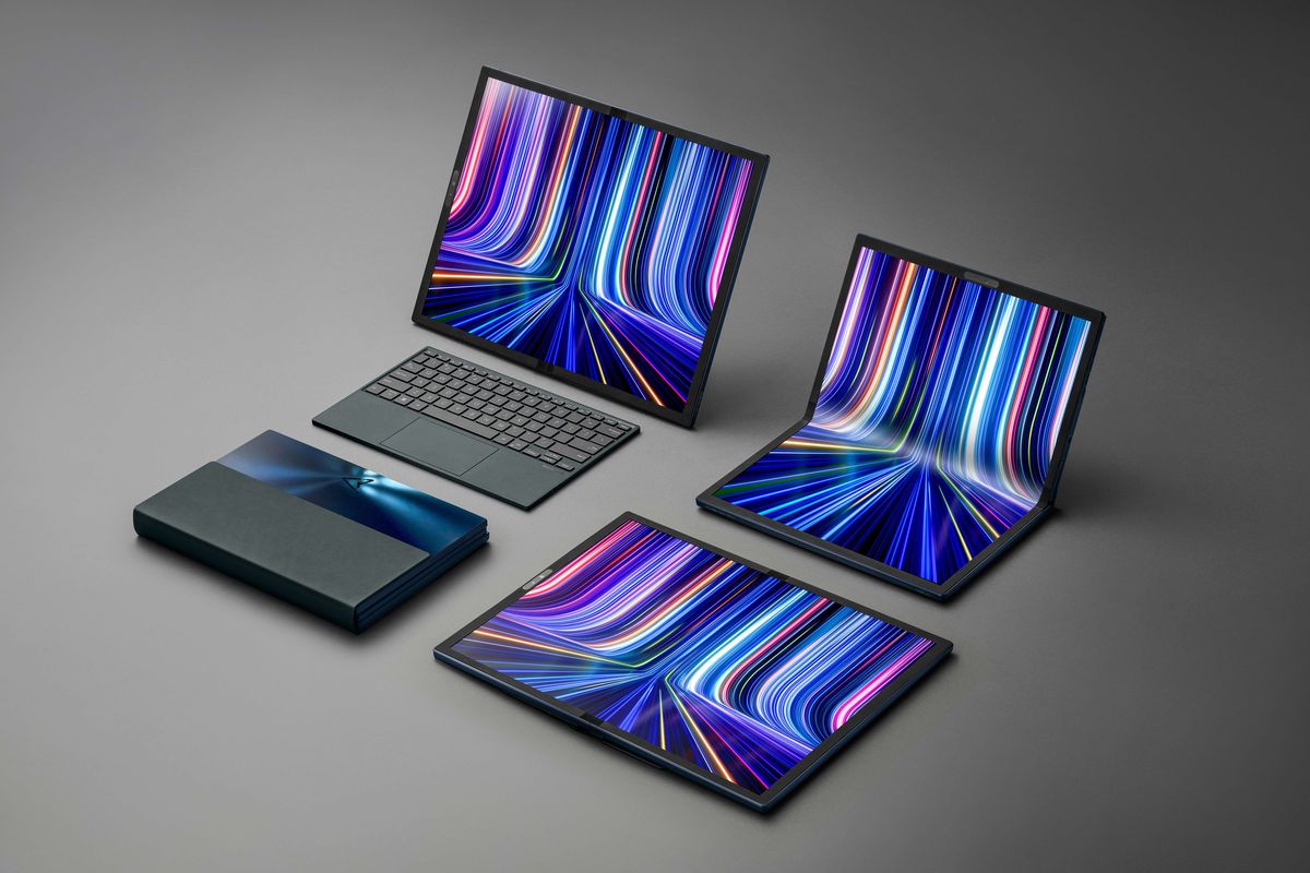 Four Asus Zenbook 17 Fold OLED models arranged in a grid, in tablet, clamshell, book, and Surface mode respectively.