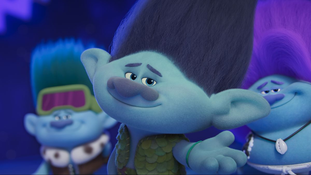 Branch the troll (voiced by Justin Timberlake), a felty blue-skinned animated dude with a shock of vertical dark blue hair, makes meaningful eye contact with the camera and smugly offers his hand to you, the audience member he is trying to lure into his world in the animated movie Trolls Band Together