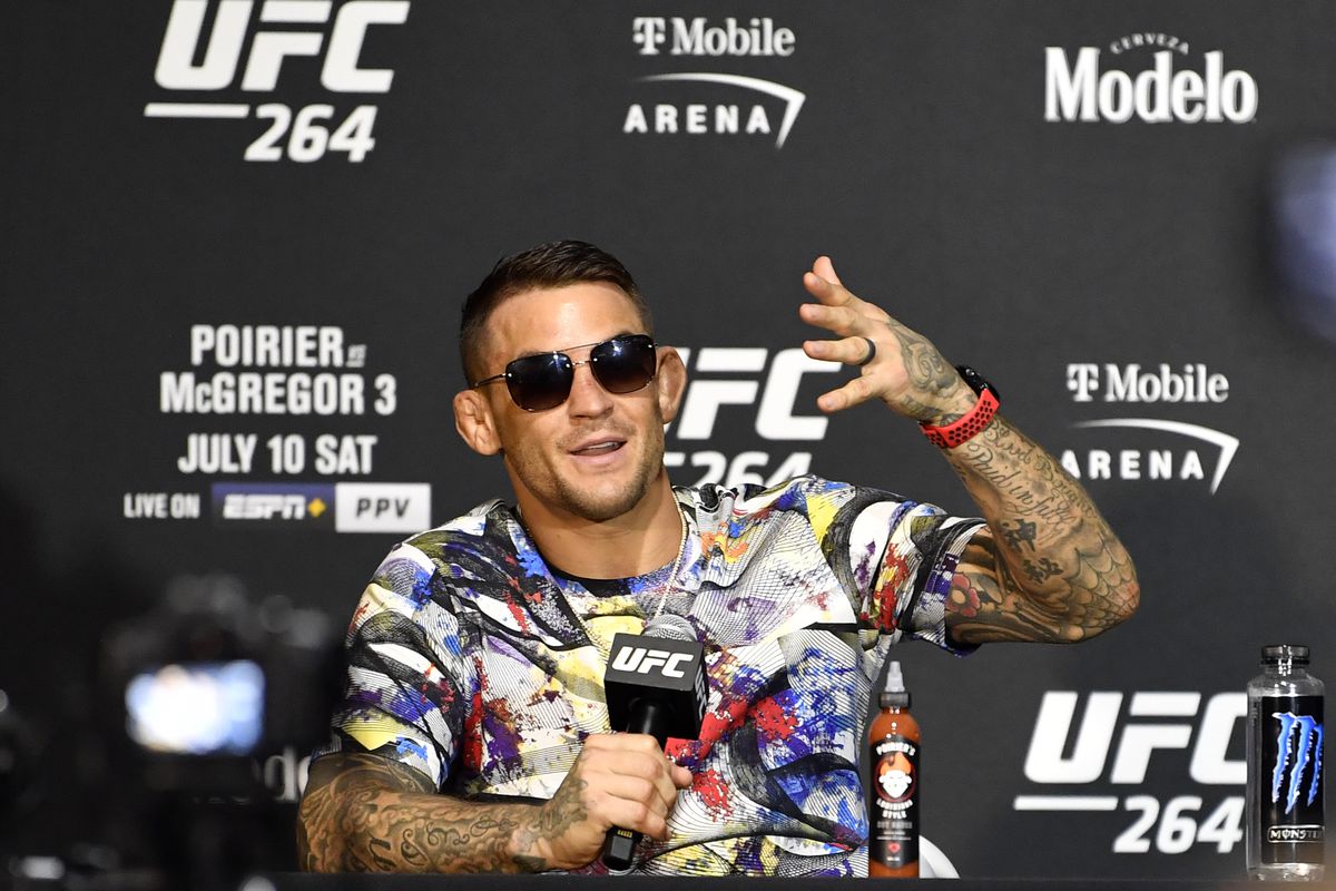 Dustin Poirier during his post-fight press conference for UFC 264. 
