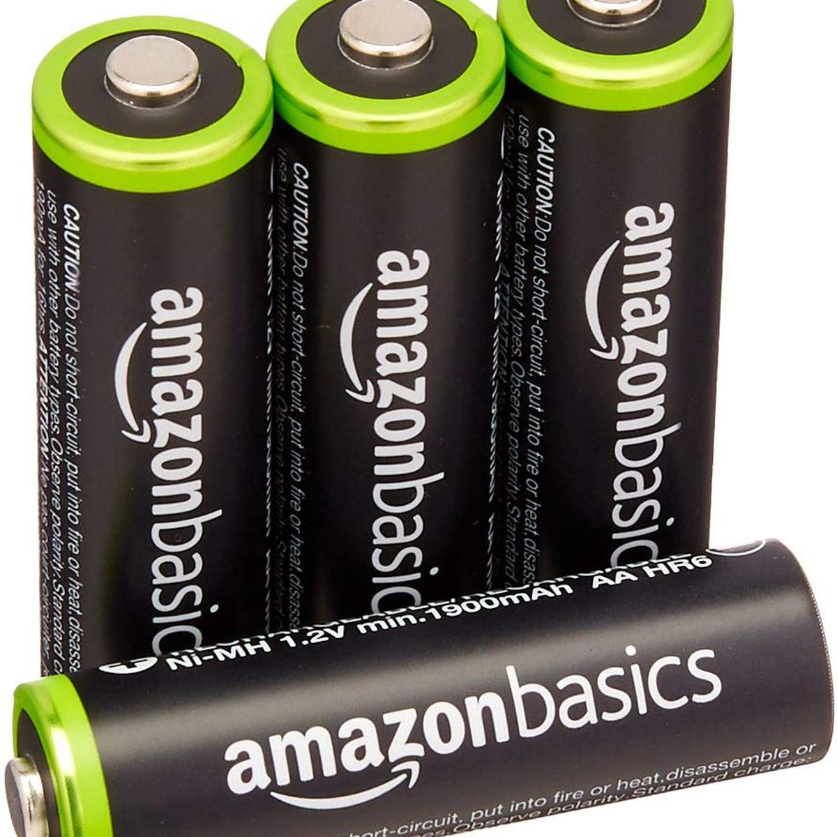 A product shot of four Amazon basics rechargeable batteries