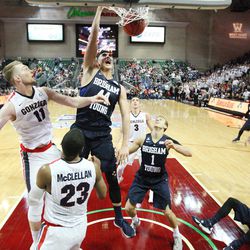 Brigham Young Cougars center Corbin Kaufusi (44) dunks over the Gonzaga Bulldogs during the WCC tournament in Las Vegas Monday, March 7, 2016. 