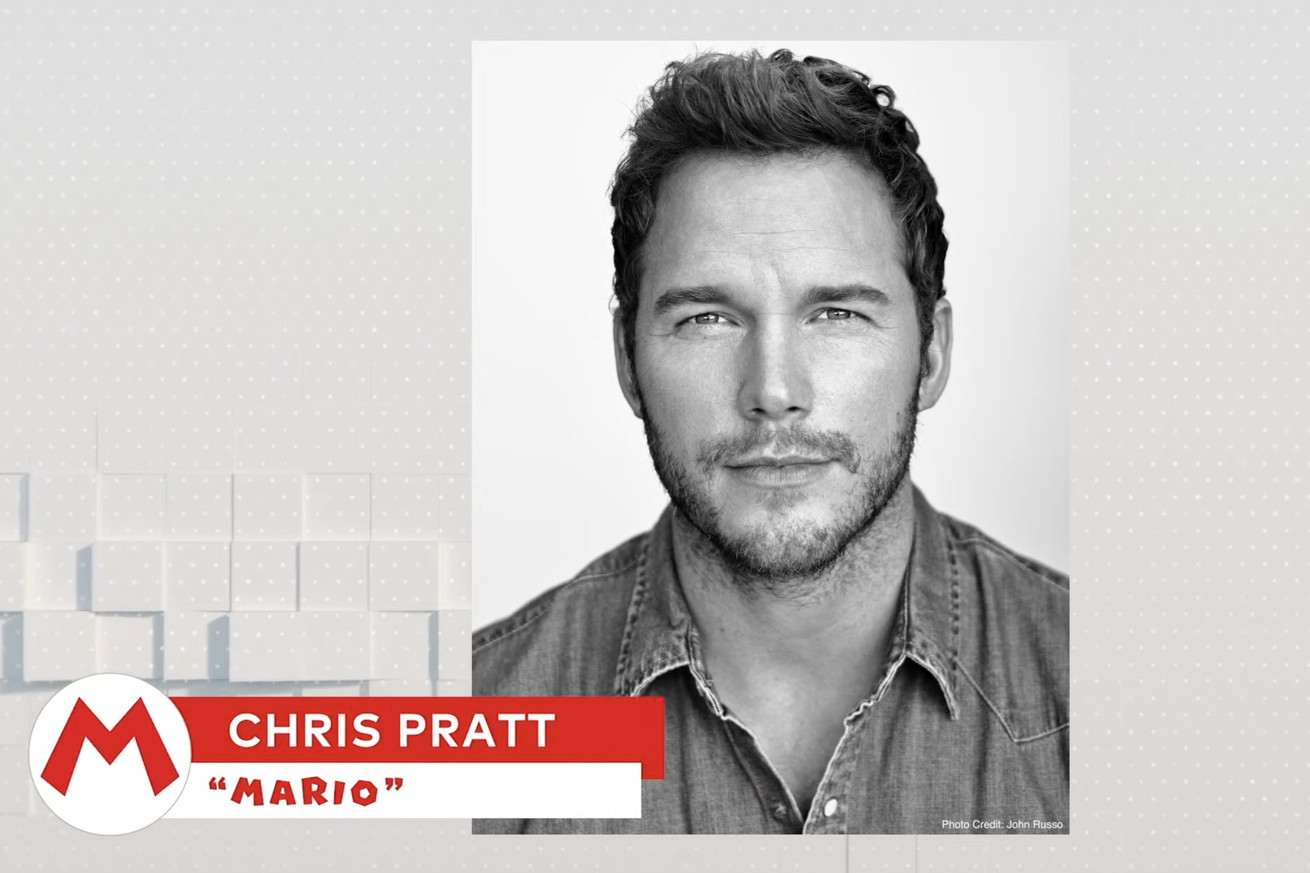 Chris Pratt’s black and white headshot is behind a small notice saying that he will be starring as Mario in the Mario movie.