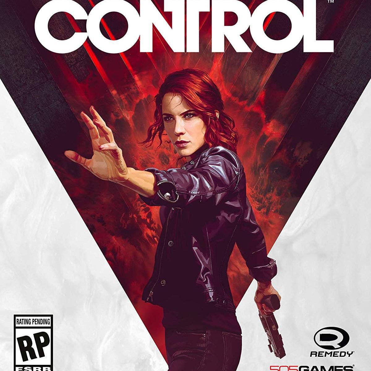 Cover art for Control featuring protagonist Jessie with hand outstretched in front of a red triangle on a white background 