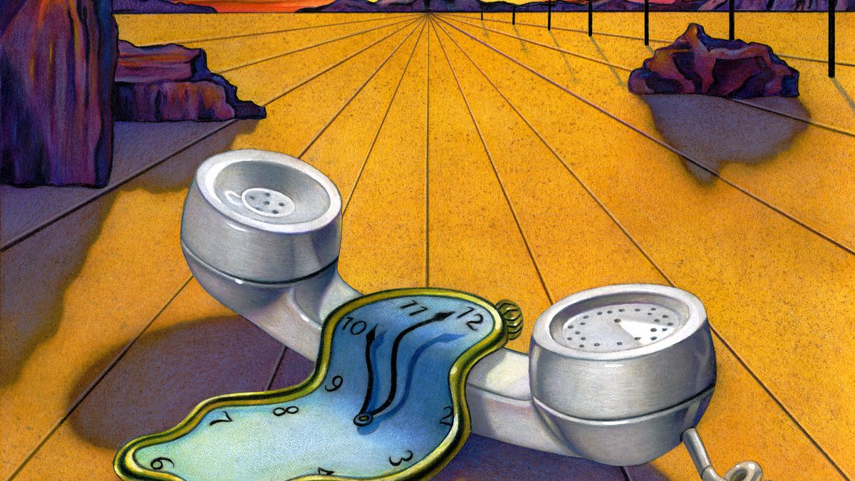 An illustration in the style of Salvador Dali, with a sunset landscape in the background and a rotary phone and melting clock in the foreground.
