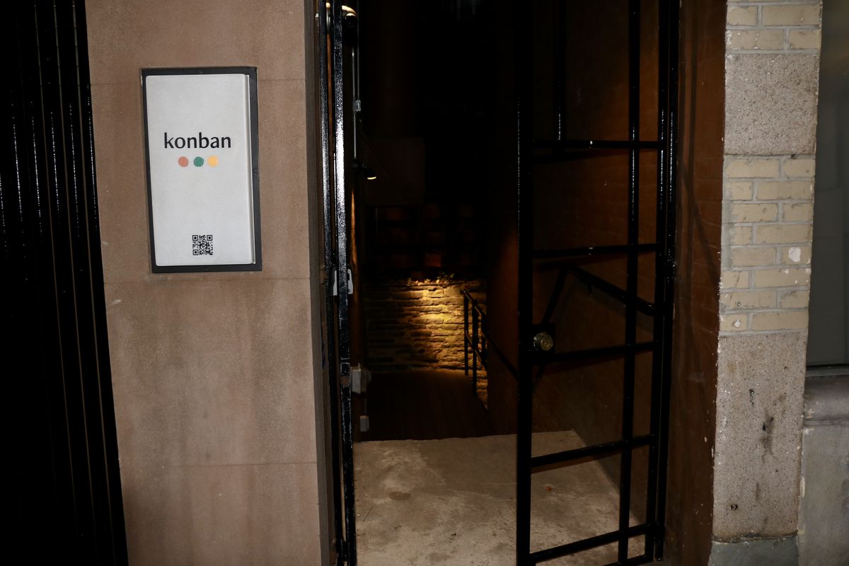 The entrance to Konbar, a Japanese restaurant located below street level.