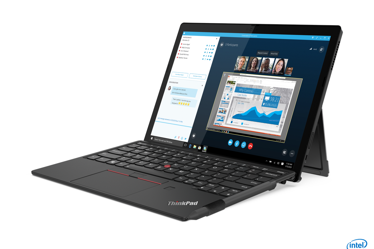 The Lenovo ThinkPad X1 Detachable in laptop mode, angled to the left side.