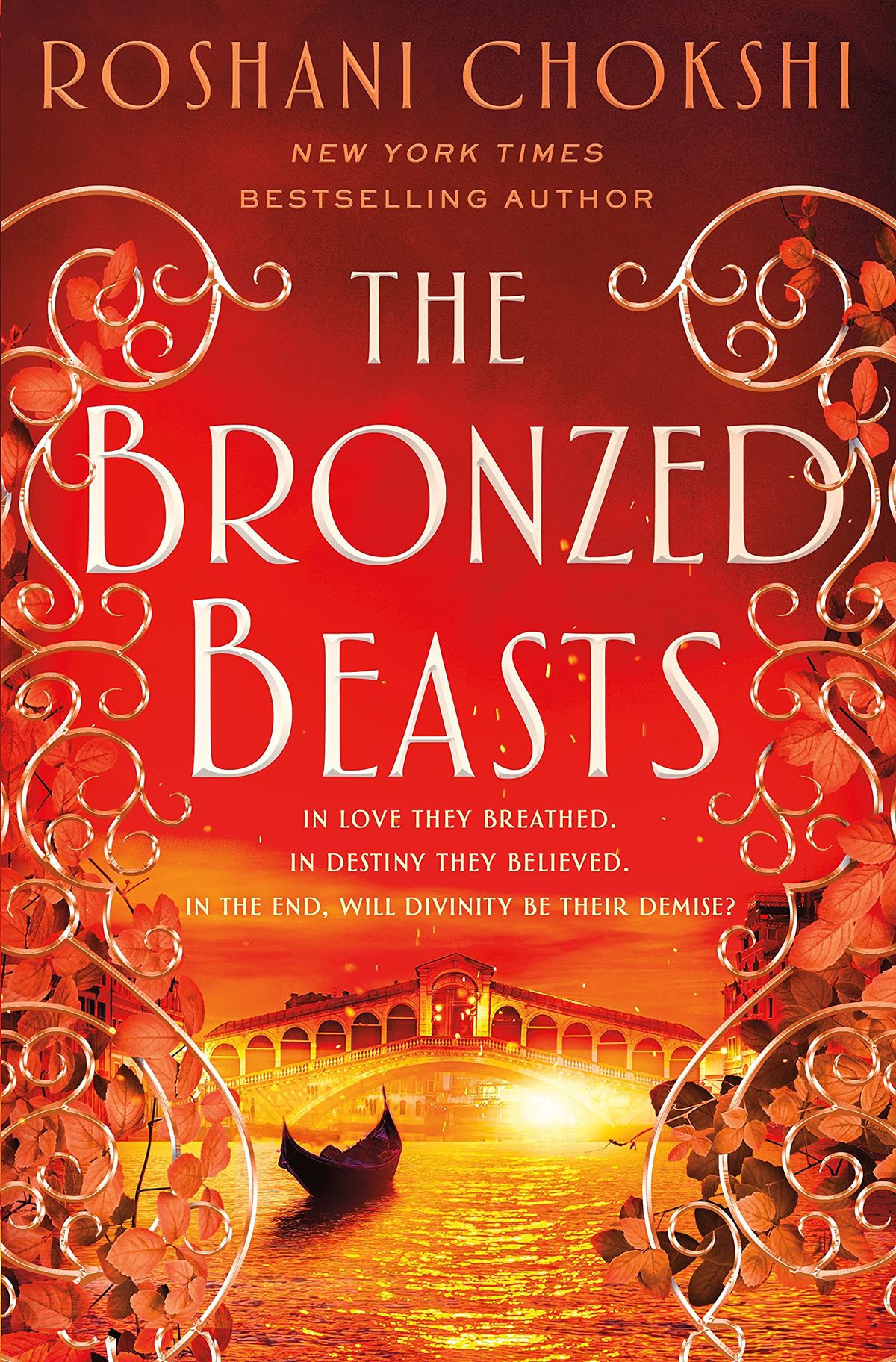 The cover for Roshani Chokshi’s “The Bronzed Beasts” which shows a boat approaching an arch.