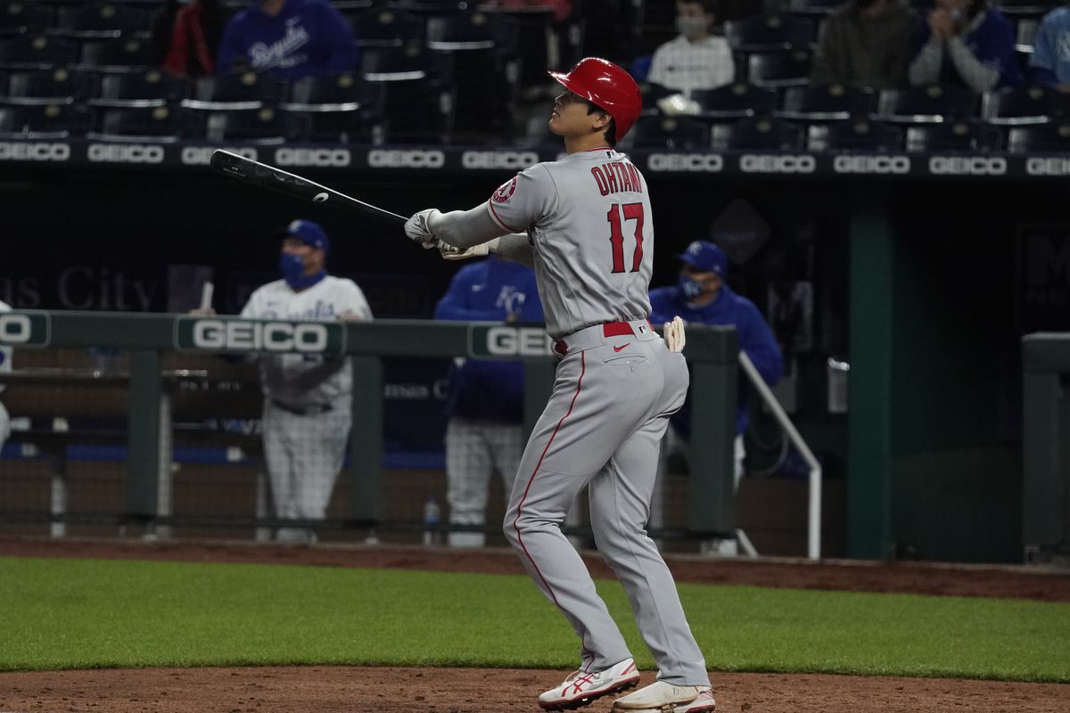 Shohei Ohtani #17 of the Los Angeles Angels hits a home run in the fifth inning against the Kansas City Royals at Kauffman Stadium on April 13, 2021 in Kansas City, Missouri.